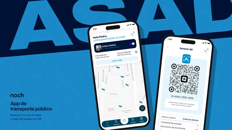 App de transporte con el mapa de rutas y el código QR para pagar el pasaje