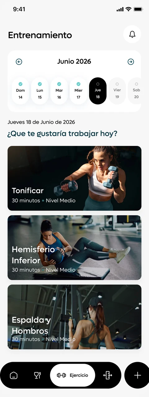 Pantalla real de la app de salud: entrenamiento y rutinas con fotografías